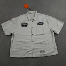 YoungLA Shirt Mens XL Beige Tren Tech Work Button Up Graphic Short Sleeve Racing