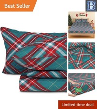 Elegant Green Plaid Queen Sheet Set - 4PC Bedding Deep Pocket Machine Washable