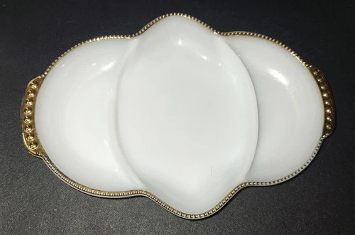 Fire King Milk Glass Oven ware- Gold Trim, Serving Platter Vintage, Great Condit