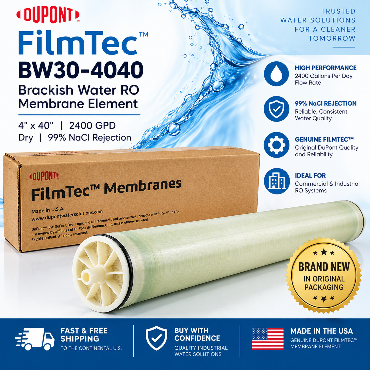 FilmTec BW30-4040 Brackish Water RO Membrane Element 4x40 2400 GPD Dry 99% NaCl