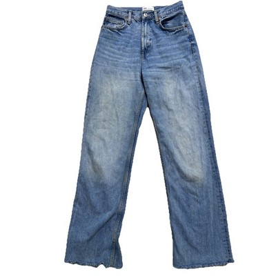 Zara Wide Leg Jeans Women s Sz 4 Eur 36 Blue Raw Hem 100% Cotton High Rise