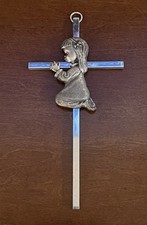 Vintage Silver Tone Hanging Cross Praying Girl First Communion Metal Wall 6  
