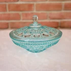 Indiana Glass Aqua/Blue Depression Glass Lidded Candy Dish VTG