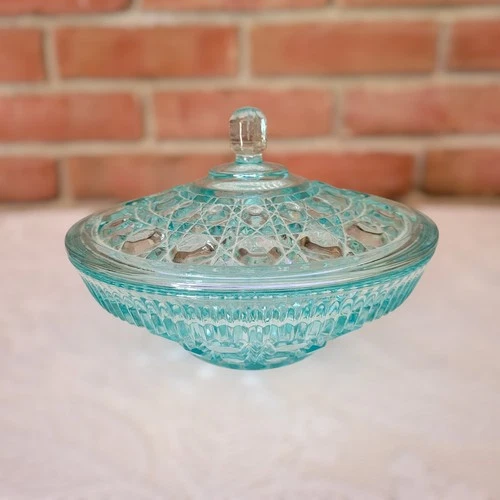 Indiana Glass Aqua/Blue Depression Glass Lidded Candy Dish VTG
