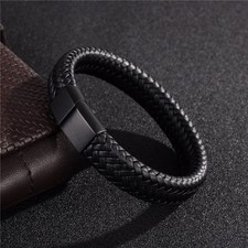 Men s Genuine Leather Braided Bracelet Black Bangle with Stainless Steel Clasp P