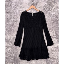 New Free People Dress XS Womens Black Mesh Lace Detail Long Sleeve Mini