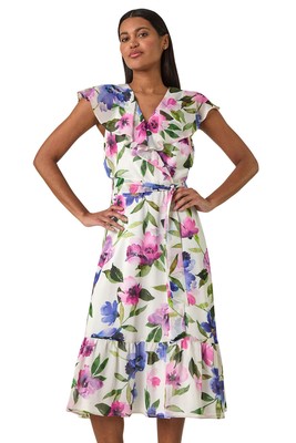 Roman Originals Floral Frill Wrap Midi Dress For Women UK Ladies