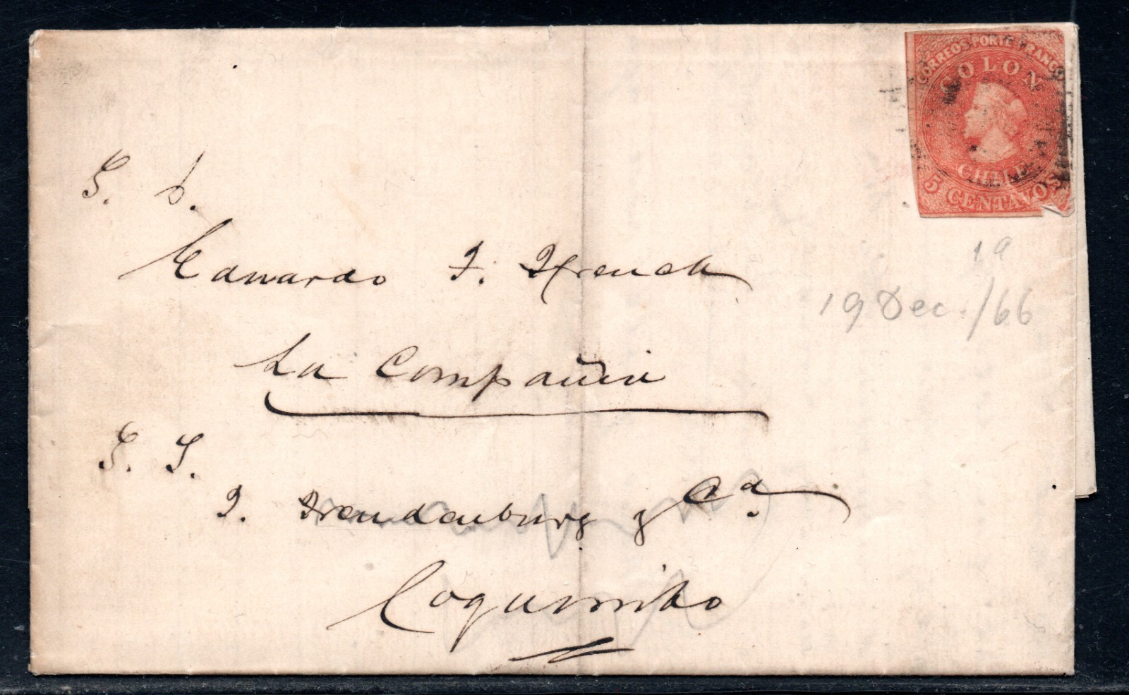 CHILE 1866 5c Red Colon on Folded Cover with Letter - PANULCILLO TO COQUIMBO #45