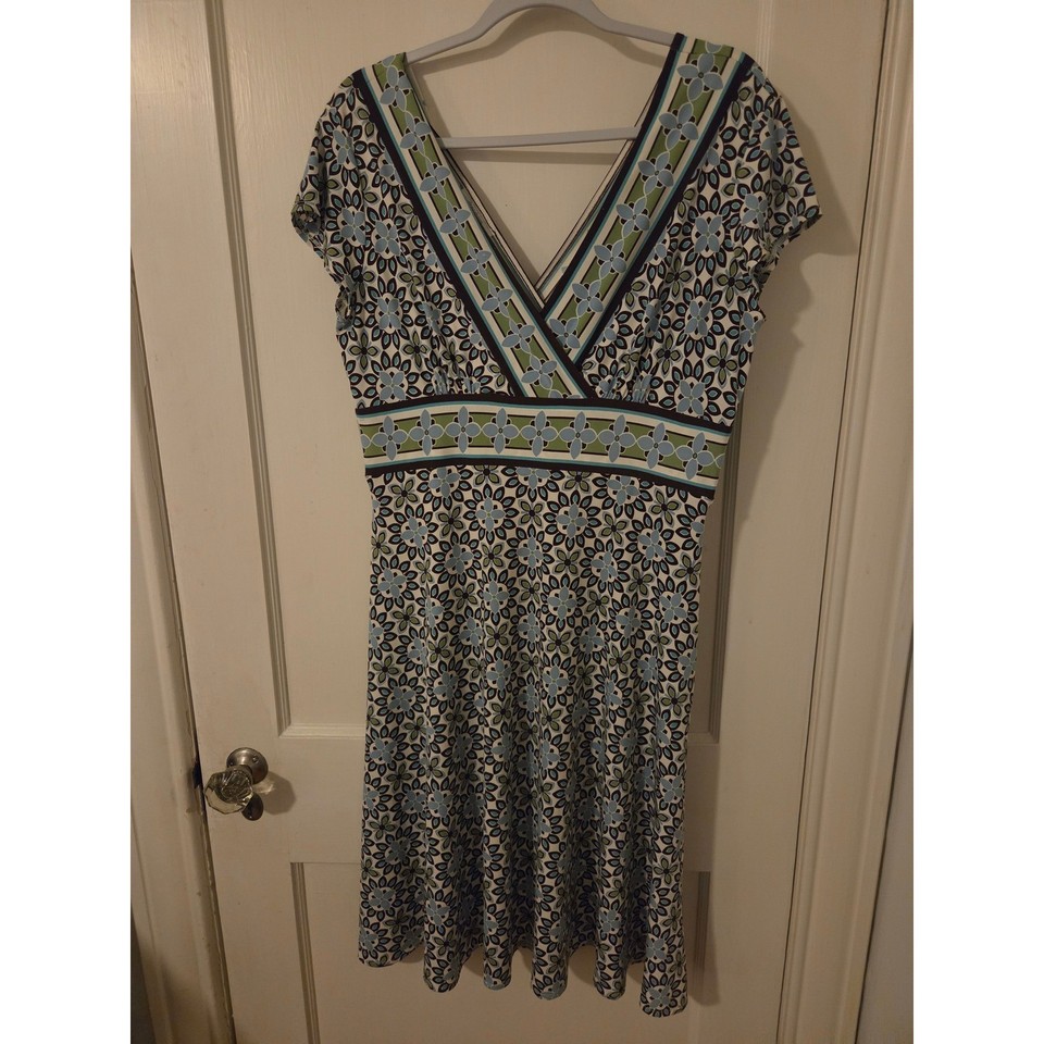 Dressbarn Womens Blue Green Floral V-Neck Empire Waist A-Line Dress Size 14