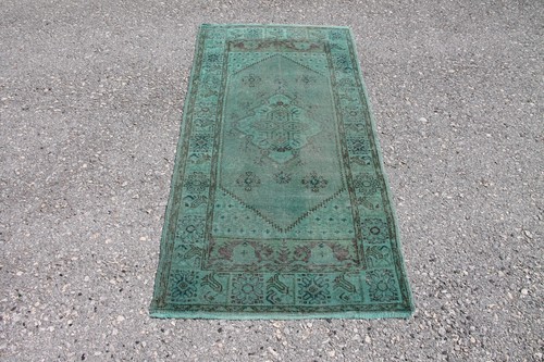 2x5 Fuß Grün Überfärbt Vintage Handgefertigt Türkisch Wolle Vorleger für Nachttisch - Bild 1 von 10