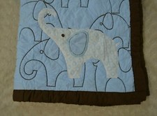 Carter's Elephants Baby Blanket Quilt Blue White Brown