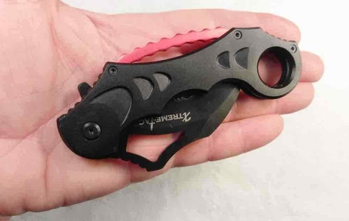 Black Red Tactical Spring Assist Karambit - Partial Serrated Blade  - Picture 2 of 6