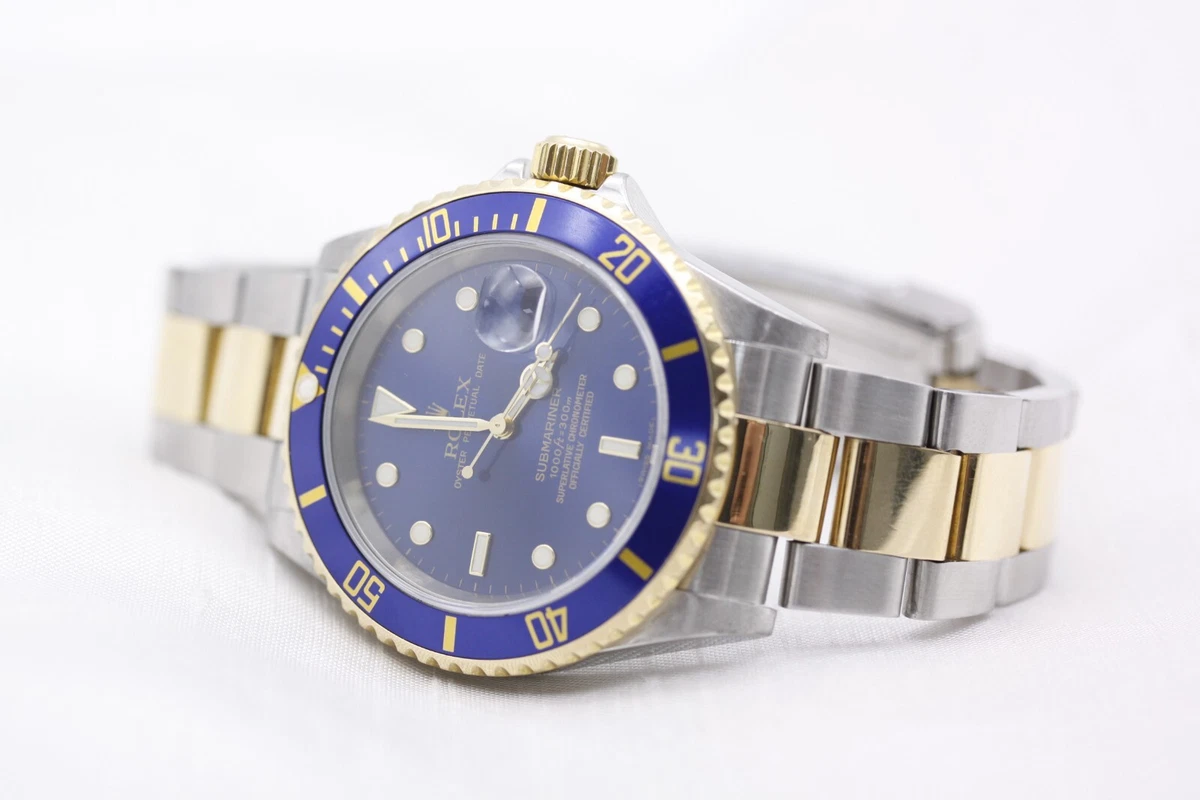 Rolex Submariner Two Tone Blue Dial Watch 16613 Box Papers