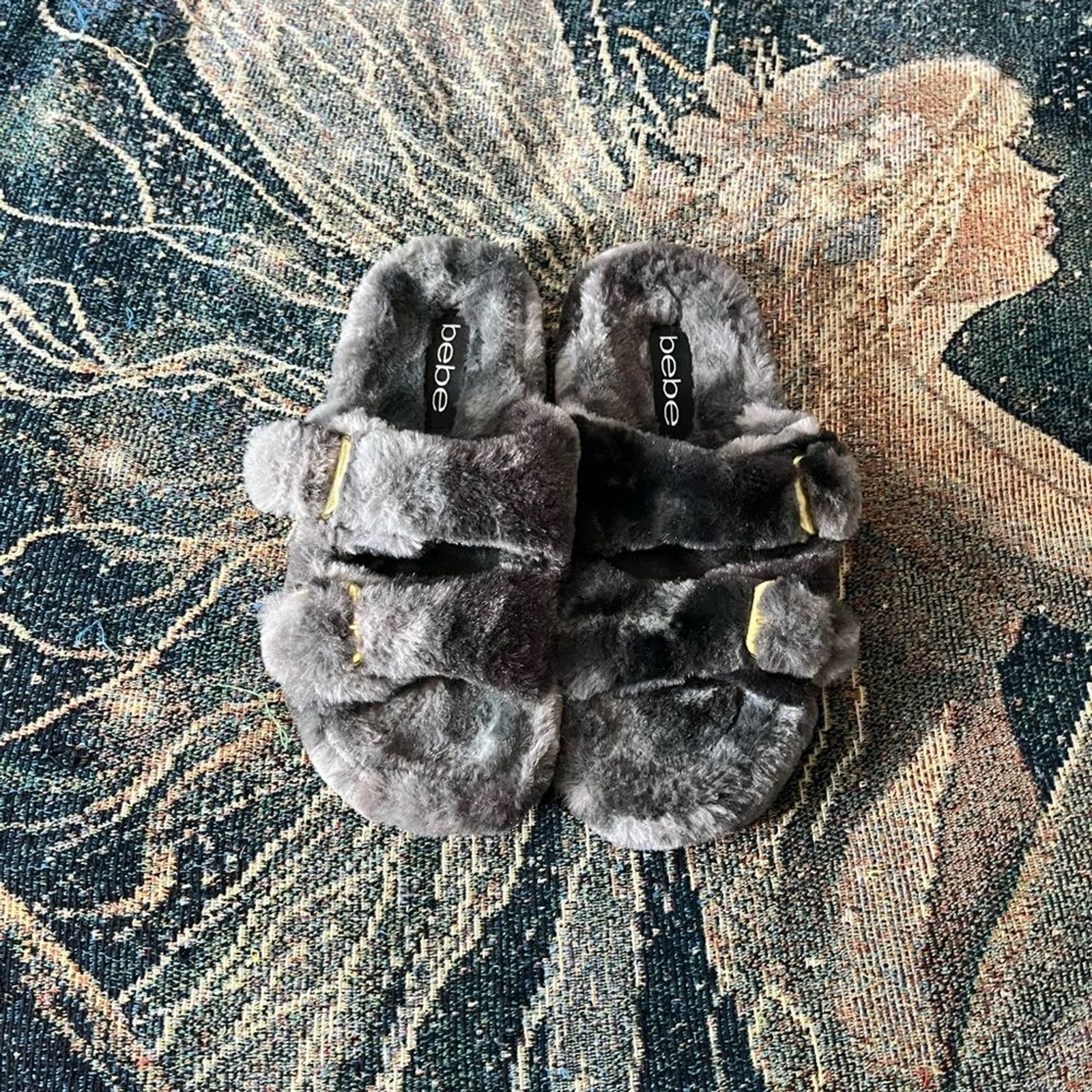 PANTOFOLA D’ORO Ciabatte Bebe peluche grigio e oro pelliccia sintetica slide TG 7 sandali morbidi strass