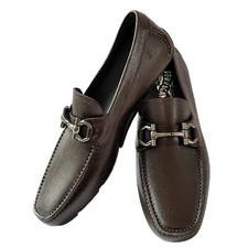 Ferragamo PARIGI 9 D Gancini Dark Brown Pebble Leather Men's Driver Loafers