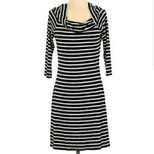 WHBM Dress Bodycon Off Shoulder Stretch 1/2 Sleeve Mini Knit Black Striped S