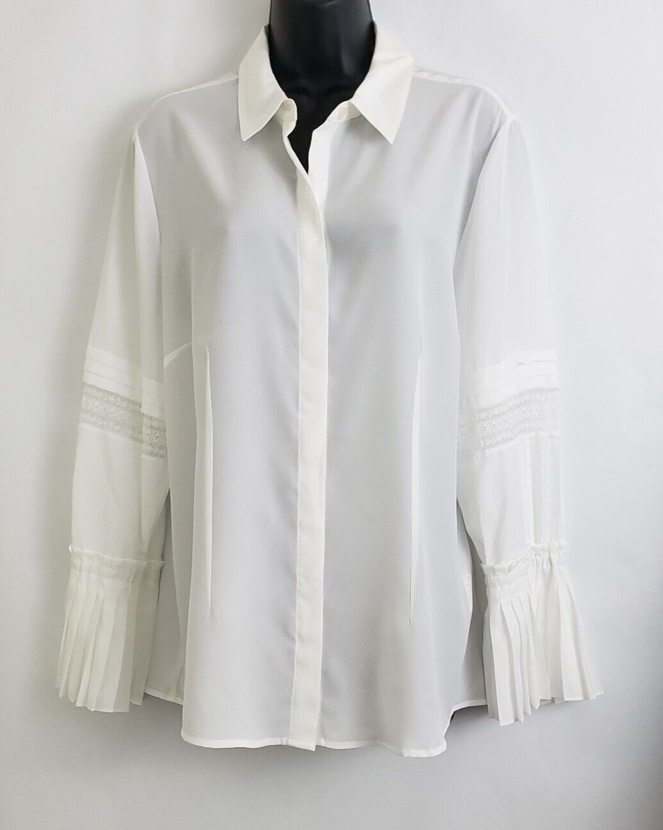 Chico's Pleat Lace Trim Shirt Blouse Top White Bell Sleeves Button