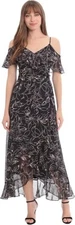 London Times Women's Floral Printed Cold Shoulder Faux Wrap Maxi Ruffles Dress