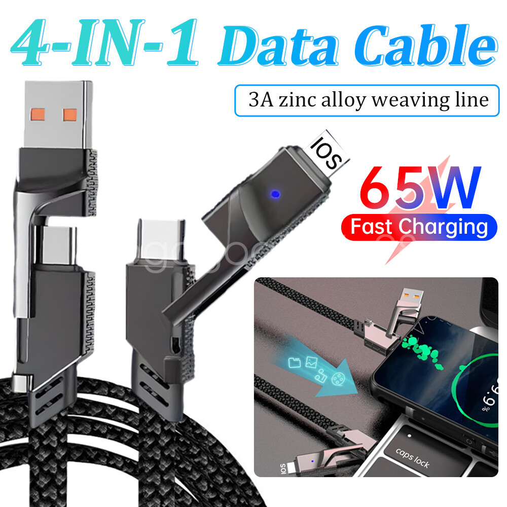 65W 4-in-1 Fast Charger Cable with USB-C and USB-A Ports for Phones