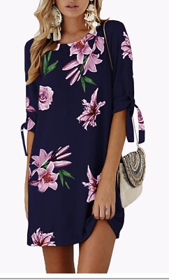 YOINS kurzes dunkelblaues und rosa geblümtes Tunika-Kleid für Damen UK Größe 16