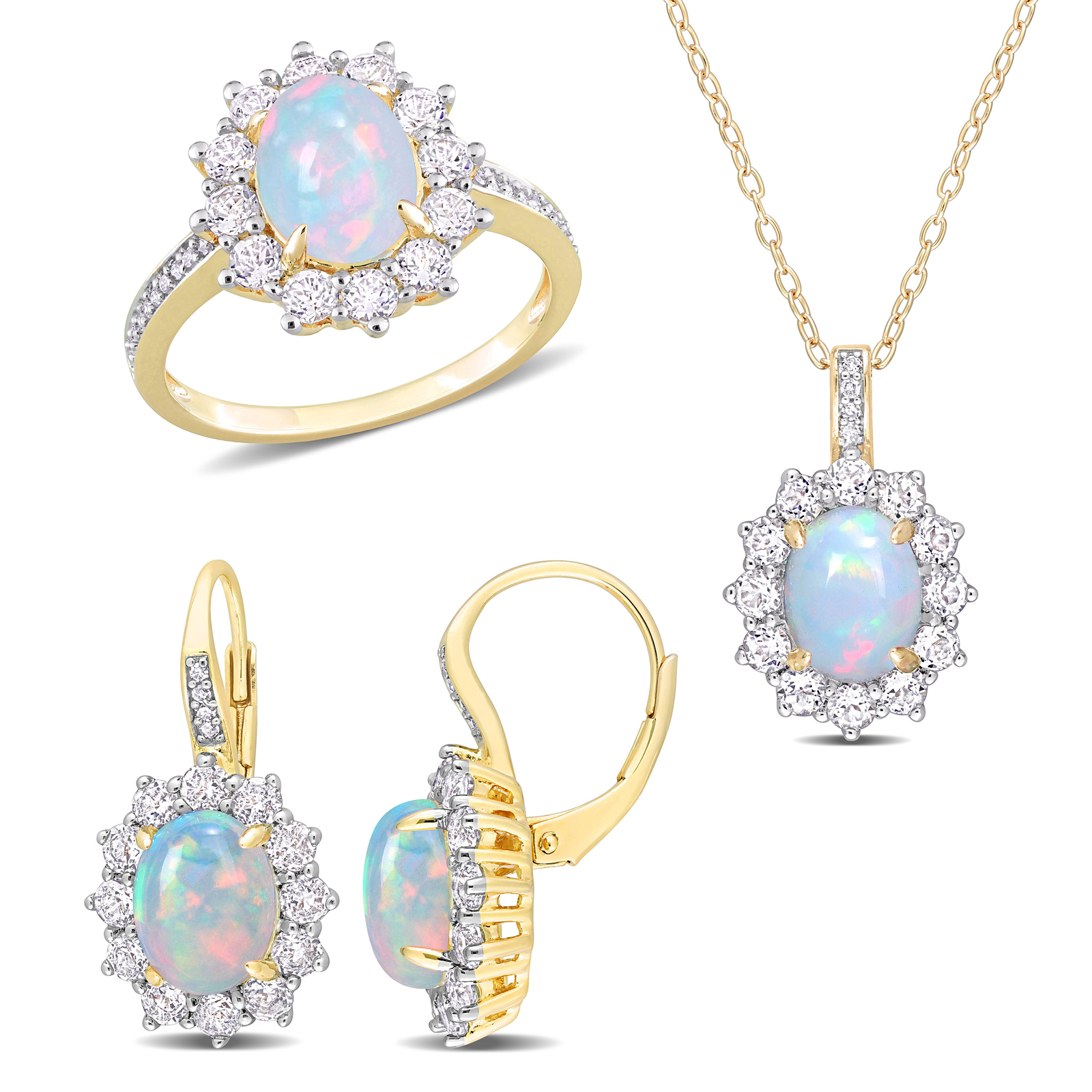 Amour Yellow Silver Blue Opal, Topaz & Diamond  Necklace, Ring & Earrings Set