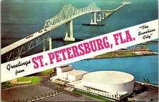 Postcard St Petersburg Bridge Sunshine Skyway Auditorium Birds Eye Florida D25