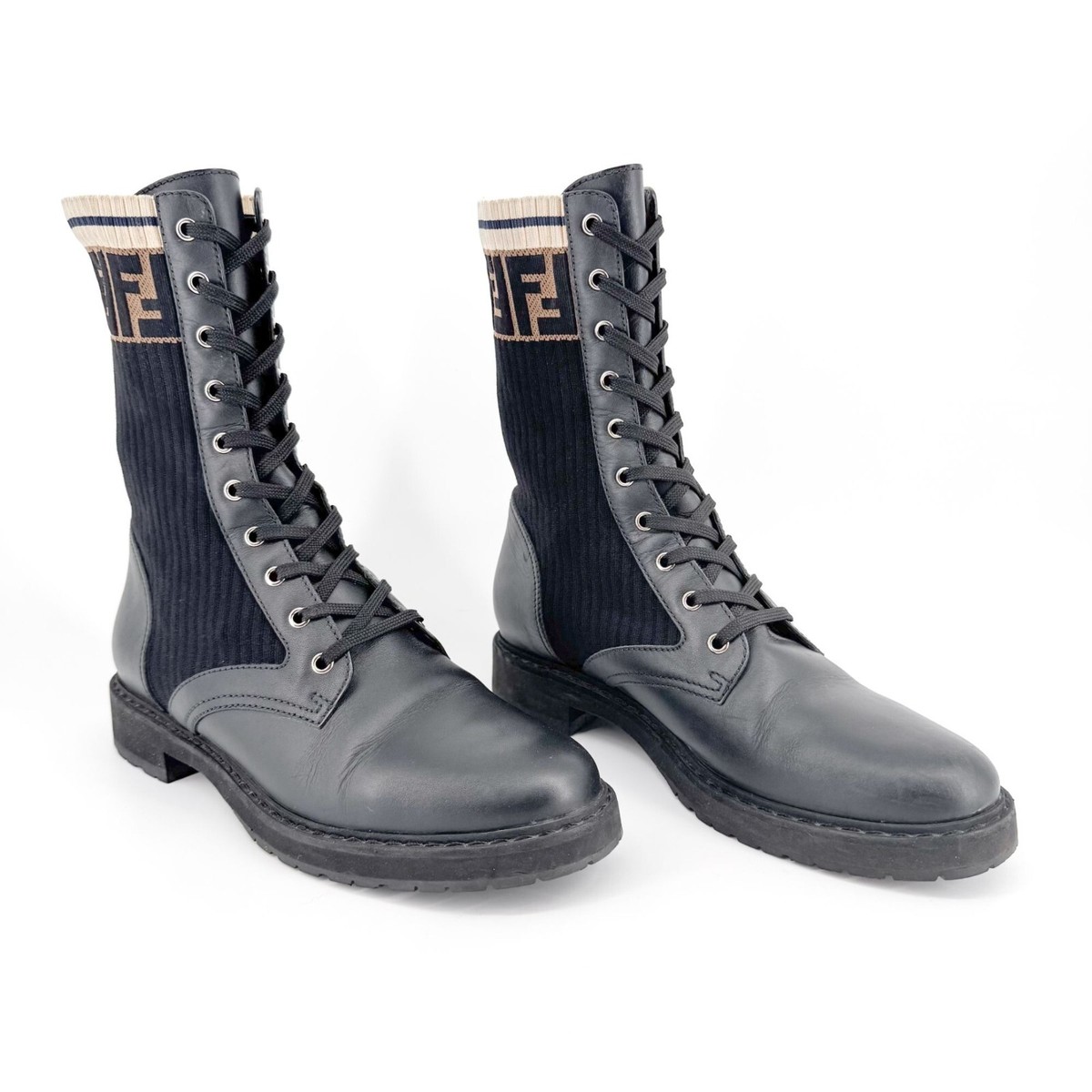 Fendi Rockoko Combat Boots EU 42 US 12 Black Leather FF Zucca Lace