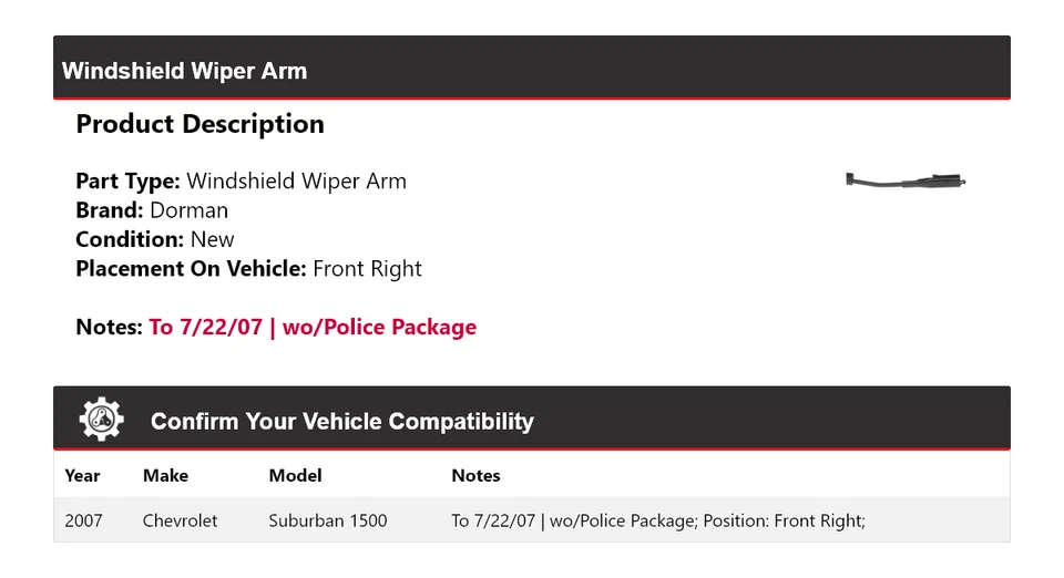 Brazo limpiaparabrisas delantero derecho Chevrolet Suburban 1500 Dorman 2007 Foto 2 de 3