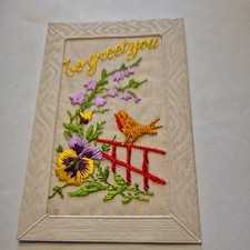 WW1 ??  Embroidered Silk Postcard,  To Greet You. robin on fence  flowers