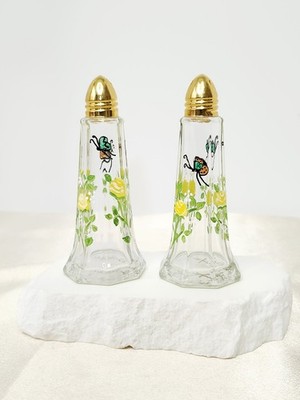 Hand Painted Glass Salt & Pepper Shakers Butterfly & Flower Design Artist Signed