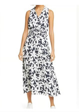 NWT JOIE Yashi B Crepe Smocked Waist Floral Dress In Deep Sea Blue Sz M