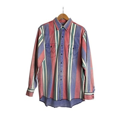 Vtg 90s Wrangler Brushpopper Western Shirt Vertical Stripes Distressedu Rodeo L