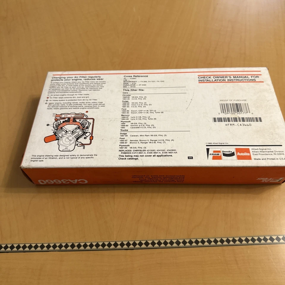 Filtro de aire NOS Fram CA3660, para Chrysler, Dodge, Mercury 1984-89 hecho en 🇺🇸 Foto 2 de 4