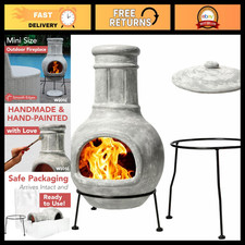 Outdoor Clay Chiminea Fireplace - Grey Garden Heater With Lids & Metal Stand