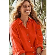 J. Jill Love Linen Essentials Red Button Down Lagenlook Shirt Top SZ M