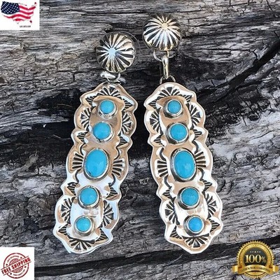 Blau Kupfer Türkis Edelstein 925 Massiv Silber Elegant Ohrring 2'' Damen Schmuck