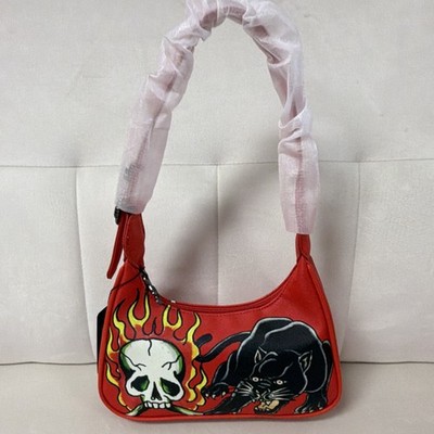 Ed Hardy Red Star Print Shoulder Bag Zip Closure Skull Panther Graphic