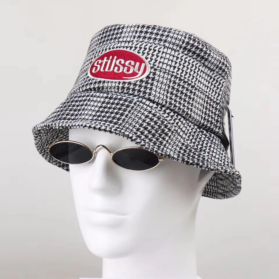 STUSSY LOLA PLAID KNIT BUCKET HAT GREY - M/L SUMMER CAMPING OUTDOOR Y2K