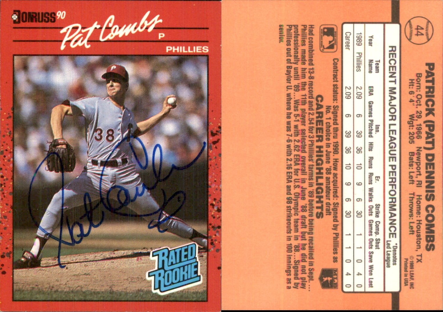 Pat Combs Signed 1990 Donruss #44 Card Phillies Auto AU *Autograph Den*