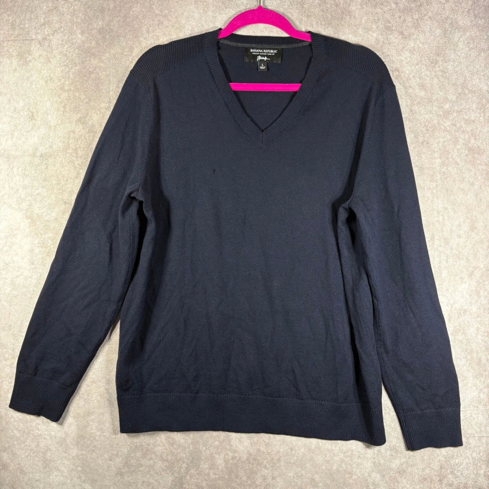 Banana Republic Sweater Mens Large Navy Blue Italian Merino Wool V-Neck Pullover