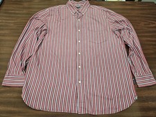 Chaps Mens Large Red Blue Striped Button Down Shirt 100% Cotton Long Sleeve