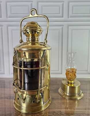 Large 16  Solid Brass Nautical Port Lantern - Red Fresnel Lens