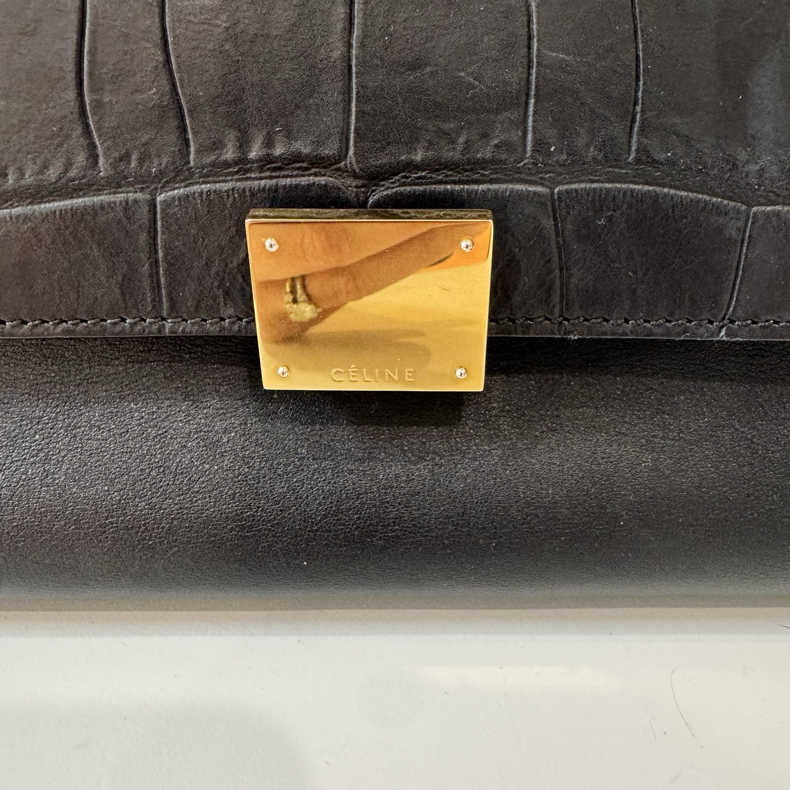 Celine Trapeze Large Black Croc Embossed Leather and Suede Top HandBag image 8