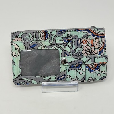 Vera Bradley Retired Fan Flowers Zip ID Wallet Mint Quilted 7.1 
