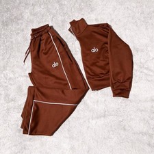 alo Women's Tracksuit Set Sweatshirt  Pants Brown with White Piping Activewear