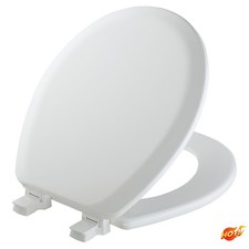Never Loosens Round Enameled Wood Toilet Seat with Easy Clean Hinge, White
