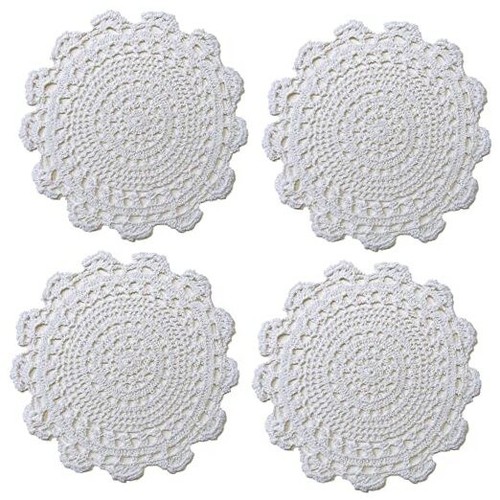 Handmade Crochet Round Cotton Lace Table Placemats Doilies Pack of 4, White