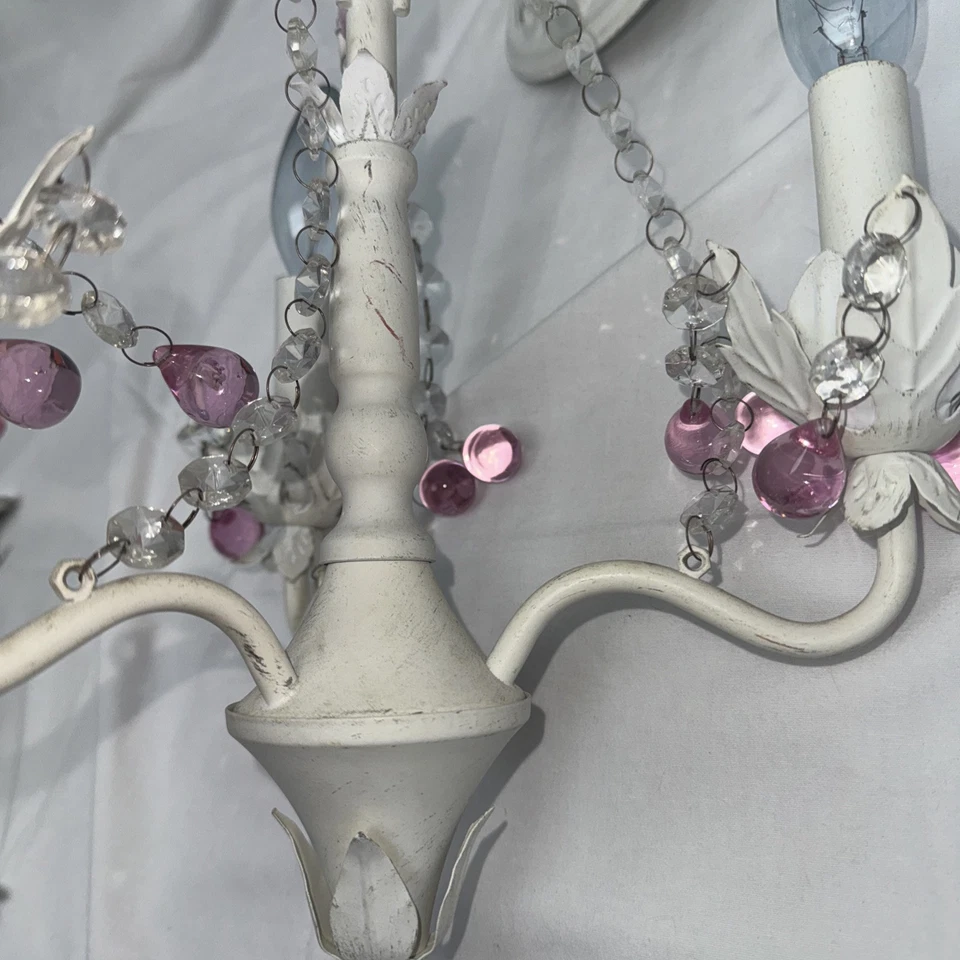 Candelabro Princess 3 luzes rústico branco rosa cristais de vidro medalha de teto rosa - Imagem 3 de 4