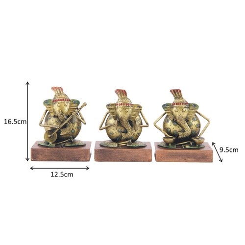 Musical Ganesh Handmade Iron Decorative Showpiece Statue With Wooden Base 3 Pcs - Picture 3 of 5