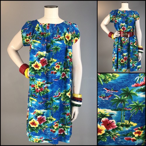 Vtg 60s Dress Hawaiian Classic Rayon Muu Muu Novelty Print Paradise Split Sleeve - Picture 3 of 11